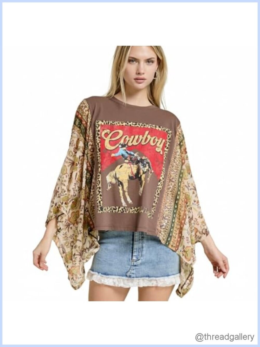 FORYERI Women's Western Graphic Top Poncho Fit Cowboy Chiffon Sleeve